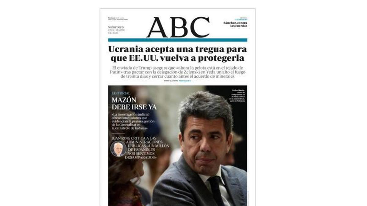 ABC enseña la puerta de salida a Mazón con un editorial en portada con mensajes a Feijóo