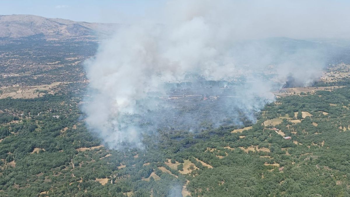 El incendio declarado en Navaluenga, Ávila, quema instalaciones agrícolas y amenaza al municipio
