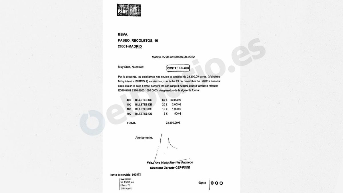 El PSOE acredita ante el juez del caso Ábalos que retiró un millón de su cuenta desde 2017 para pagos en metálico