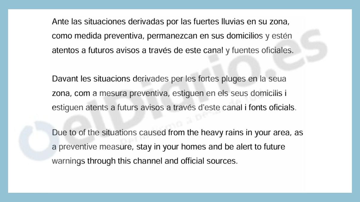 El primer borrador del Es-Alert de la dana que hizo Emergencias tampoco pedía a la población que se refugiara en altura