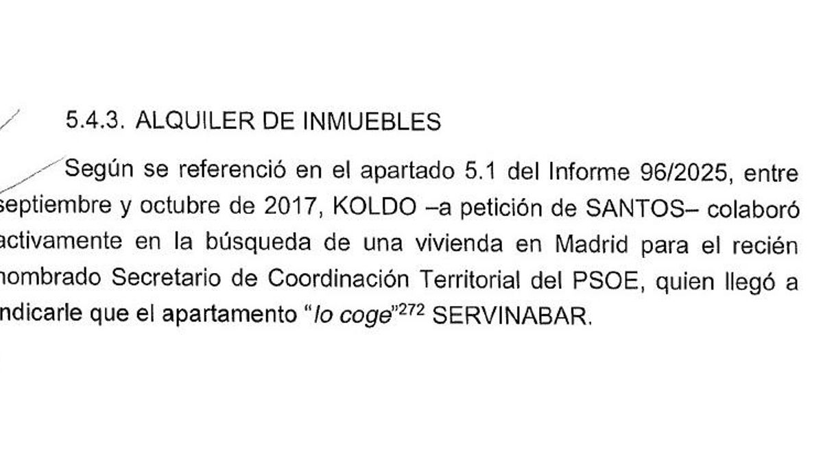 La UCO afirma que Servinabar pagó alquileres y gastos de una tarjeta a Santos Cerdán