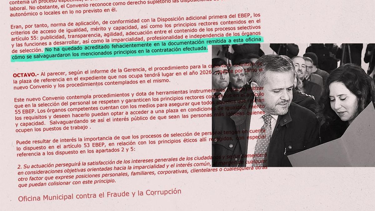 La Oficina Antifraude de Madrid critica el fichaje a dedo de la pareja de un consejero de Ayuso en una empresa pública