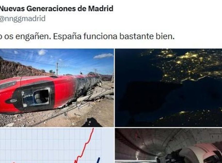 Nuevas Generaciones del PP ironiza en X con imágenes de Adamuz o del apagón: «España funciona bastante bien»