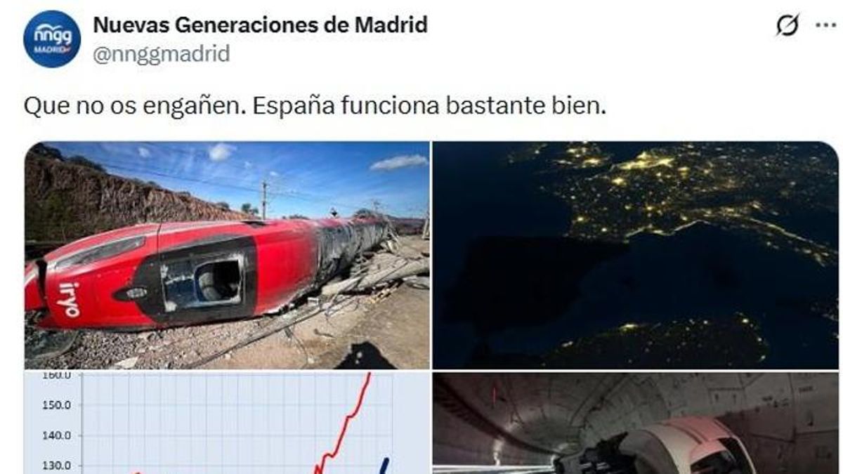 Nuevas Generaciones del PP ironiza en X con imágenes de Adamuz o del apagón: «España funciona bastante bien»
