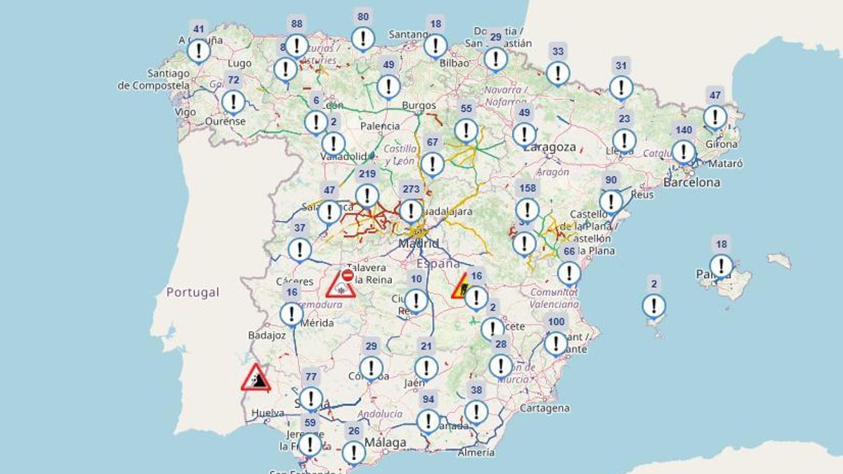 MAPA | Qué carreteras están afectadas por la borrasca Kristin: consulta el mapa de la DGT en directo